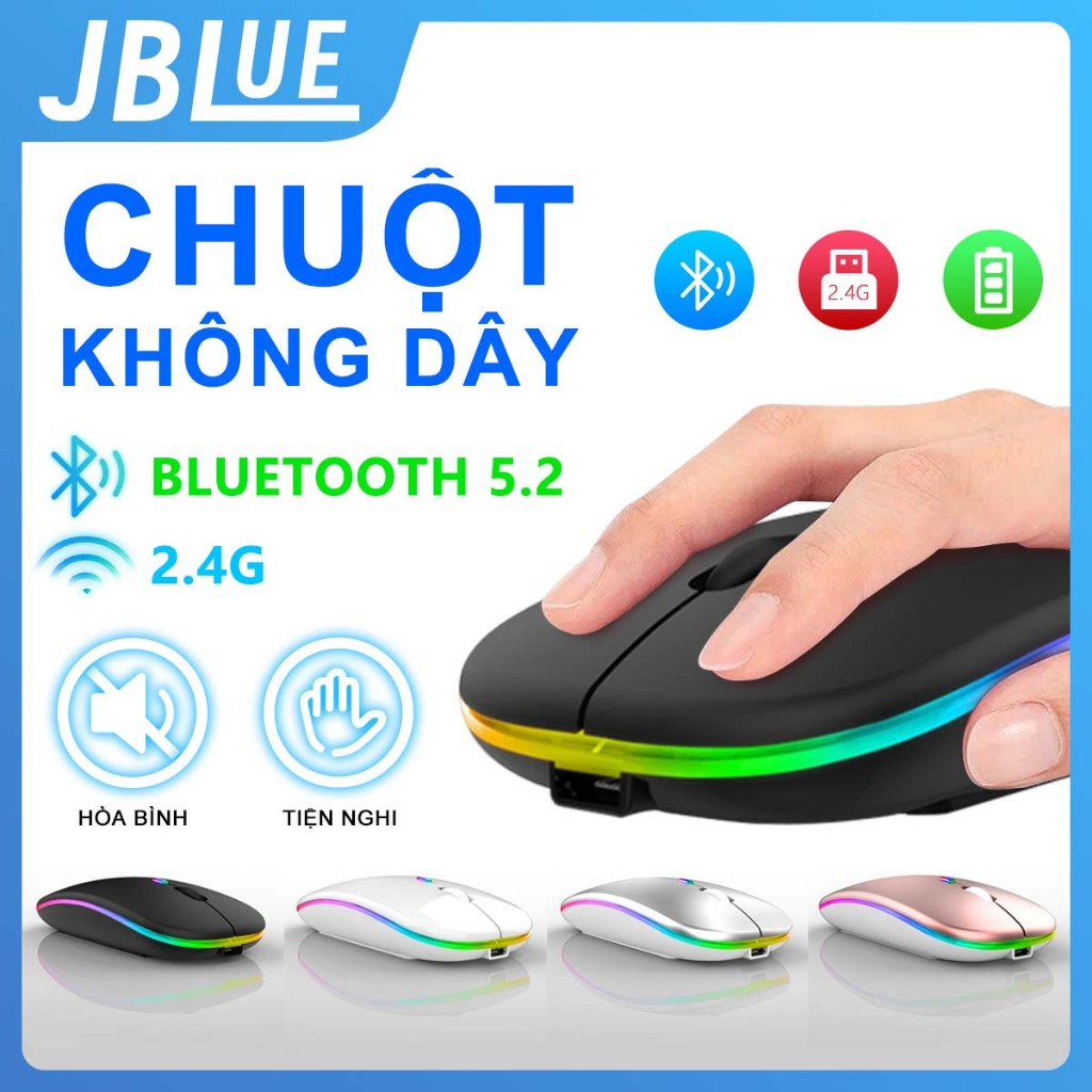 Chuột không dây JBLue 2 chế độ kết nối có đèn LED ,  Dùng Pin Sạc, Chuột im lặng siêu mỏng