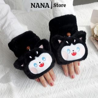  Găng tay nữ lông cừu xỏ ngón cute giữ ấm mùa đông NANA bao tay hở ngón hình mèo dễ thương phụ kiện thời trang mùa đông 