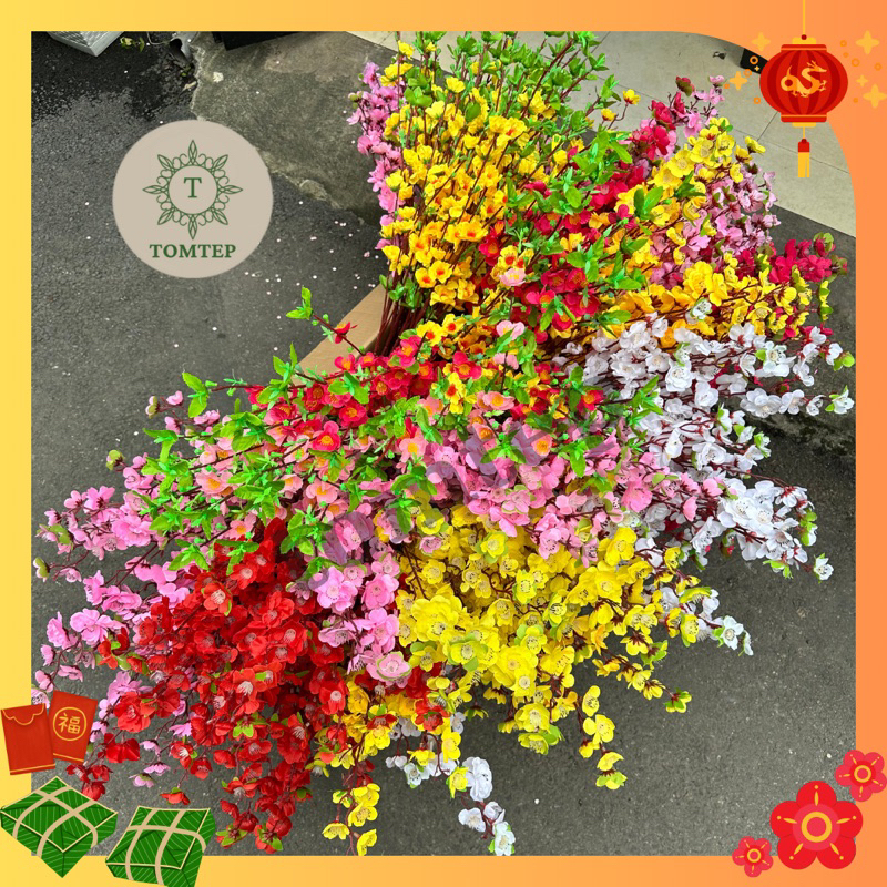 {Tết 2025} Sỉ combo 10 cành hoa đào, cành hoa mai giả trang trí Tết hàng chuẩn