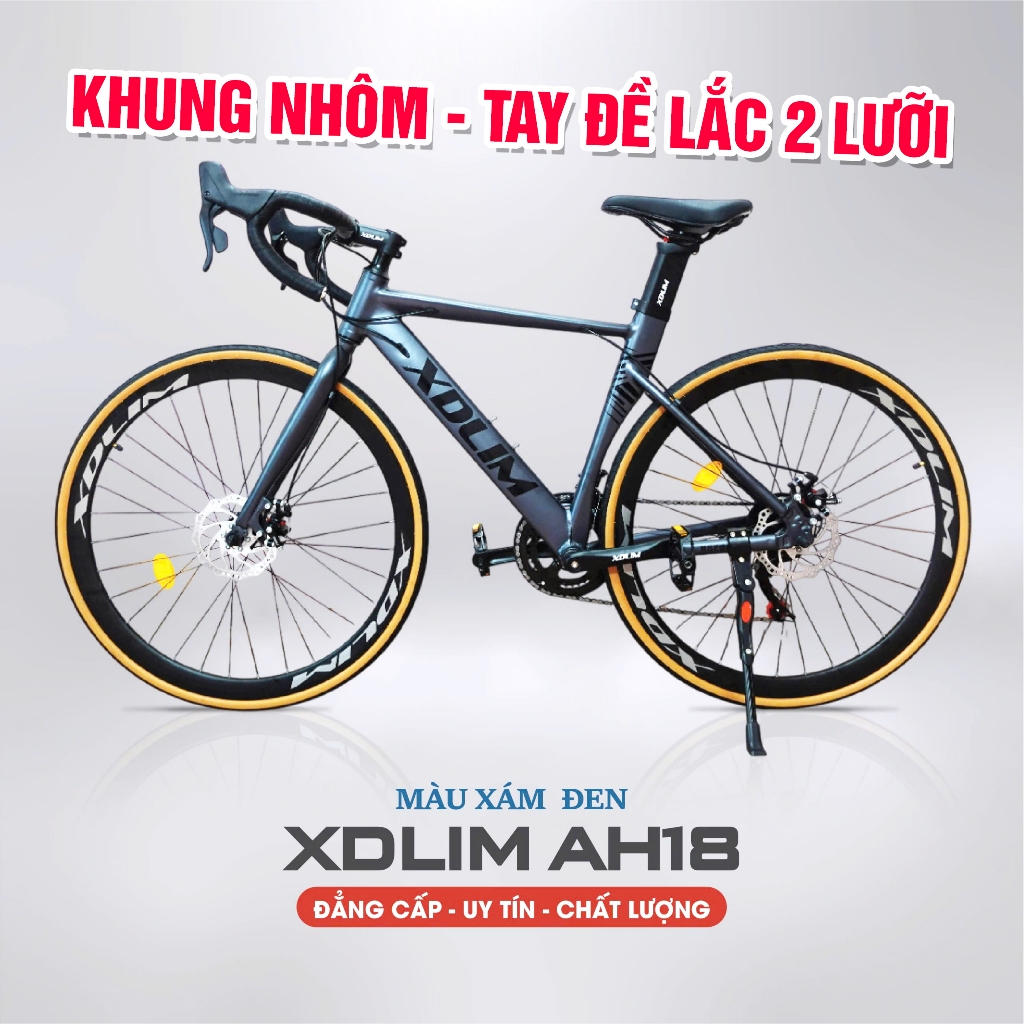XE ĐẠP ROAD TAY ĐỀ LẮC 2 LƯỠI XDLIM 700CC - XE ĐẠP khung nhôm TAY CONG- XDLIM AH18 MÀU XÁM ĐEN