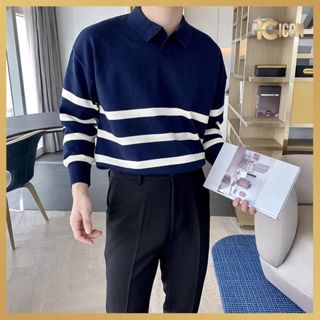  Áo Len Nam Polo Dài Tay Thu Đông Có Cổ Áo Len Polo Nam Phối Kẻ Ngang Chất Dày Dặn AL09 - ICON 