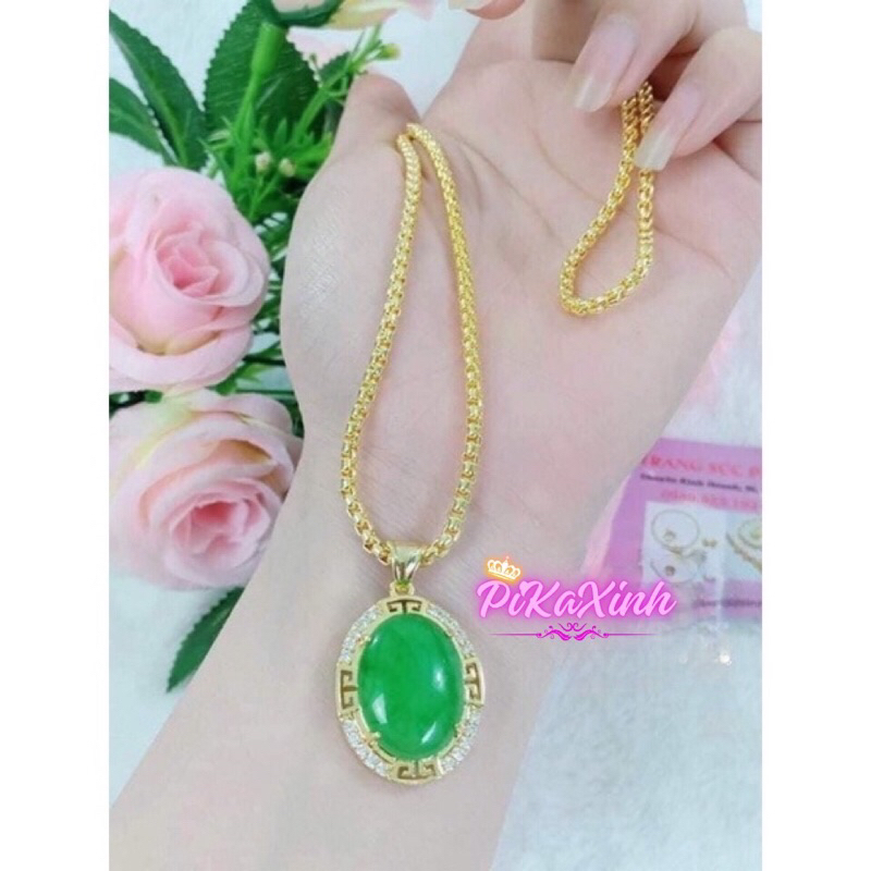 dây chuyền nữ mạ vàng,dây chuyền chữ công kèm mặt đá xanh dành cho các bà các mẹ.MTS1555+DTS1279