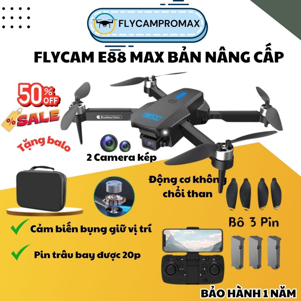 Máy bay camera flycam mini giá rẻ flycam drone E88 Max điều khiển từ xa quay phim, chụp ảnh