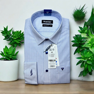 Áo sơ mi dài tay Việt Tiến trắng kẻ sọc nhỏ 1T6223 - Regularfit vạt bầu có size lớn