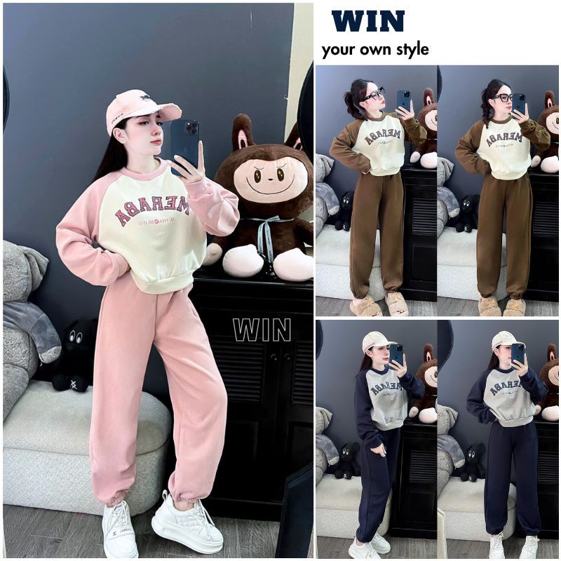 Bộ nỉ nữ thu đông chất vải nỉ, Set đồ nữ thu đông in chữ trẻ trung phong cách Hàn Quốc - WIN