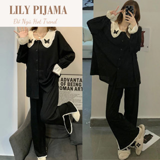  Đồ ngủ nữ màu đen cổ bèo trắng dáng rộng Lily - set đồ nữ pijama đồ bộ nữ mặc nhà thoải mái cao cấp Freesize HCOM2906 