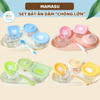   TẶNG SỔ TAY ĂN DẶM  Bộ Set Bát Ăn Dặm Chóng Lớn Cho Bé Gồm Hũ Thủy Tinh Chia Vạch Bát Sứ Thìa Cốc Tập Hút Mamasu46 