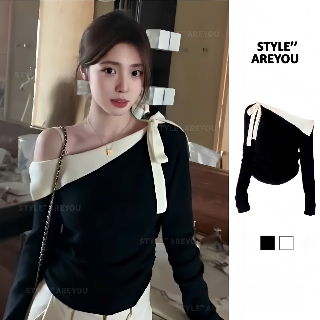  Áo kiểu nữ dài tay thiết kế thắt nơ lệch vai Style Are You áo thun nữ chất liệu thun tăm cotton mềm mịn co giãn tốt DT9 