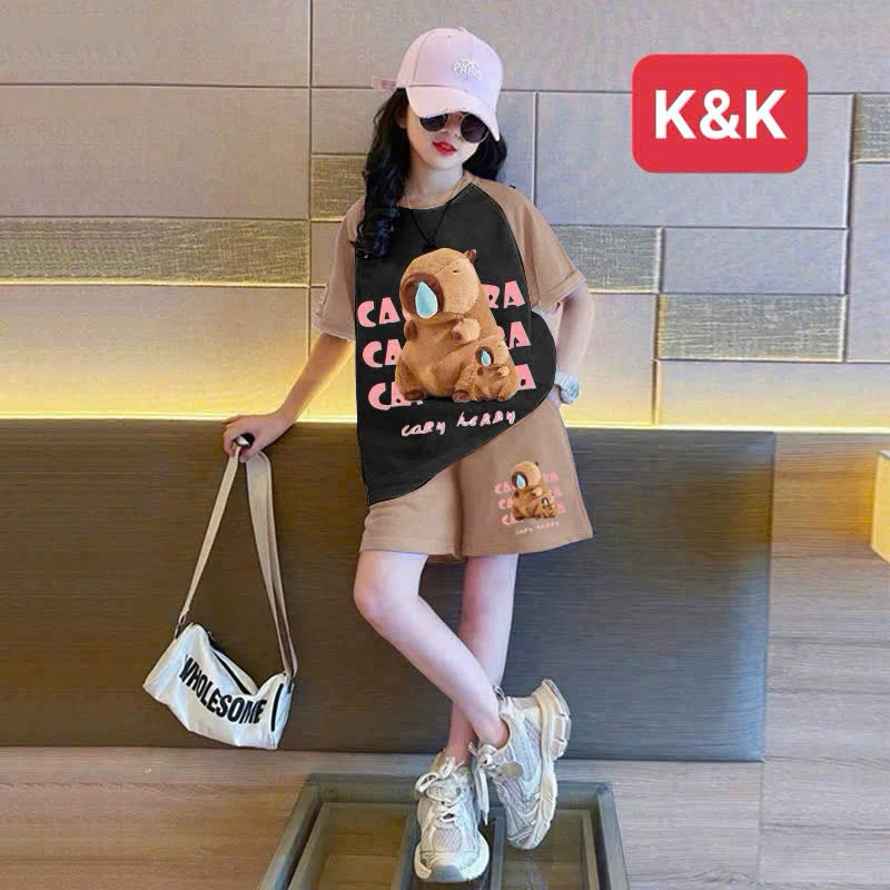 Bộ thun bé gái in gấu capybara siêu yêu, thun cotton 4c mềm mịn, size 10-55kg