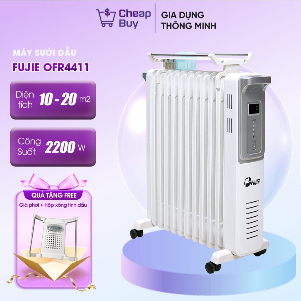 Máy sưởi dầu FujiE OFR-4411, 11 thanh sưởi, màu trắng bạc, công nghệ Nhật Bản, lắp ráp tại Trung Quốc