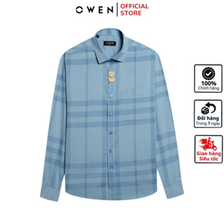 : Áo sơ mi dài tay nam OWEN AR240576DT somi công sở vải sợi sồi cao cấp màu màu xanh kẻ caro dáng suông tà lượn có túi