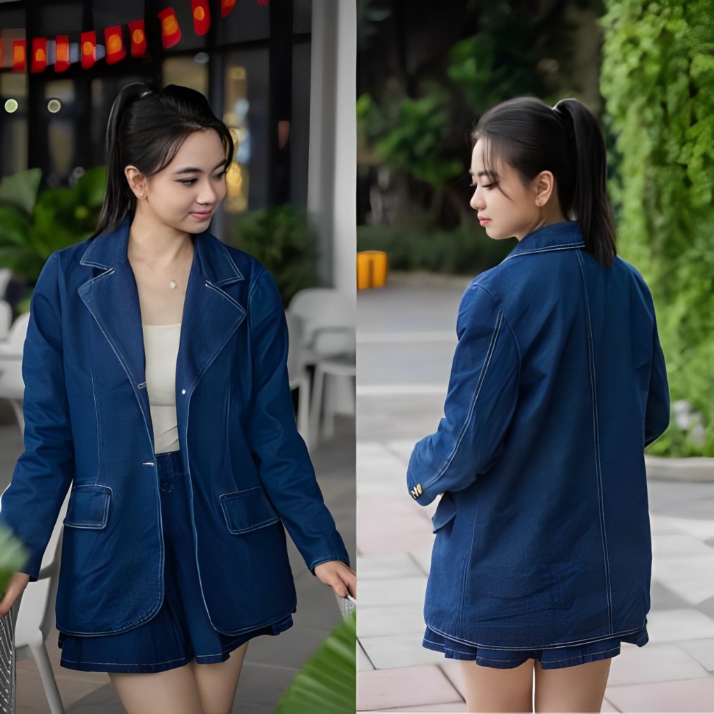 Áo blazer nữ áo vest dài tay jeans khoác ngoài phong cách Hàn Quốc, màu xanh đậm jean lót habutai Luna Chic