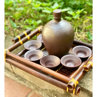 Bộ bình bát uống rượu, nậm 1L hàng gốm sứ Bát Tràng phong cách, kèm khay tre bền đẹp