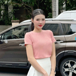 Áo thun nữ Nhật Vy tay ngắn cổ tròn dáng ôm chất gân lụa co giản nhiều màu phù hợp đi chơi - d2715