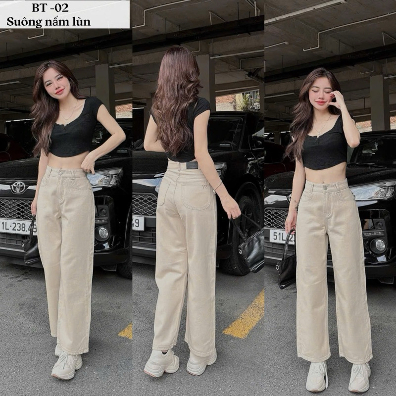 (Nấm Lùn 95cm) Quần Jeans Suông Lưng Cao Thêu Nơ Nhỏ 3 Màu Thảo Xinh Store ms 02