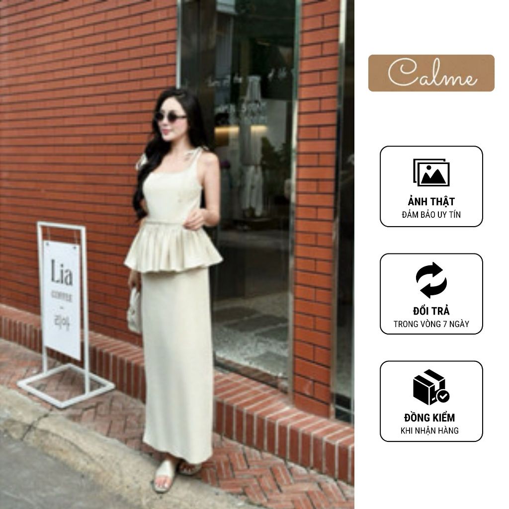 SET LINEN ÁO PEPLUM 2 DÂY XẾP BÈO NHỎ MIX CHÂN VÁY CHỮ A DÁNG DÀI SIÊU XINH ĐỦ SIZE PHONG CÁCH BASIC