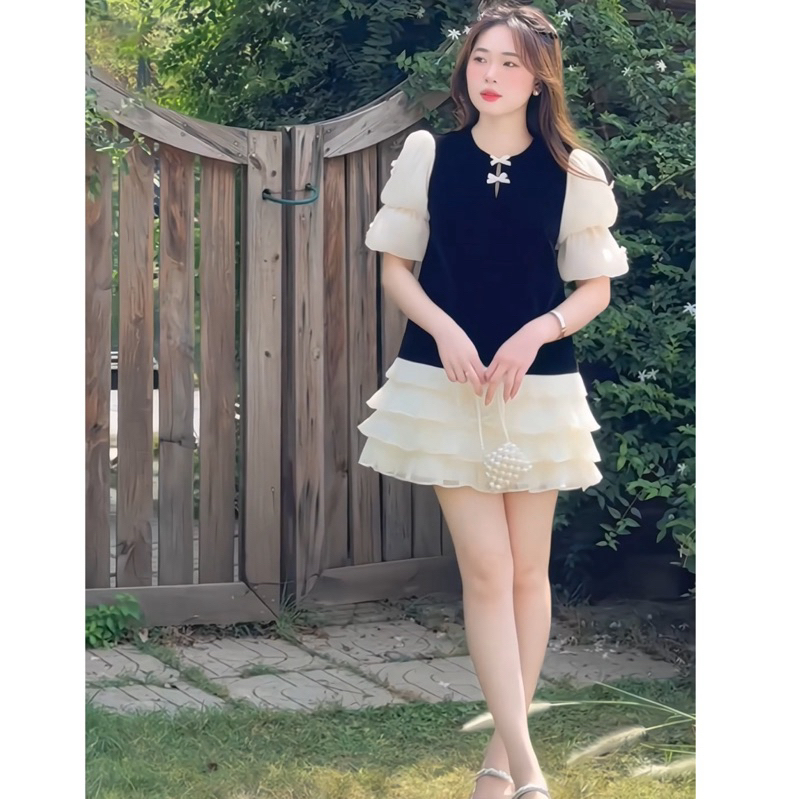 Váy nhung tiểu thư Dilyshop phối tay bồng đính nơ thiết kế chân bèo có quần bảo hộ kín đáo | BigBuy360 - bigbuy360.vn