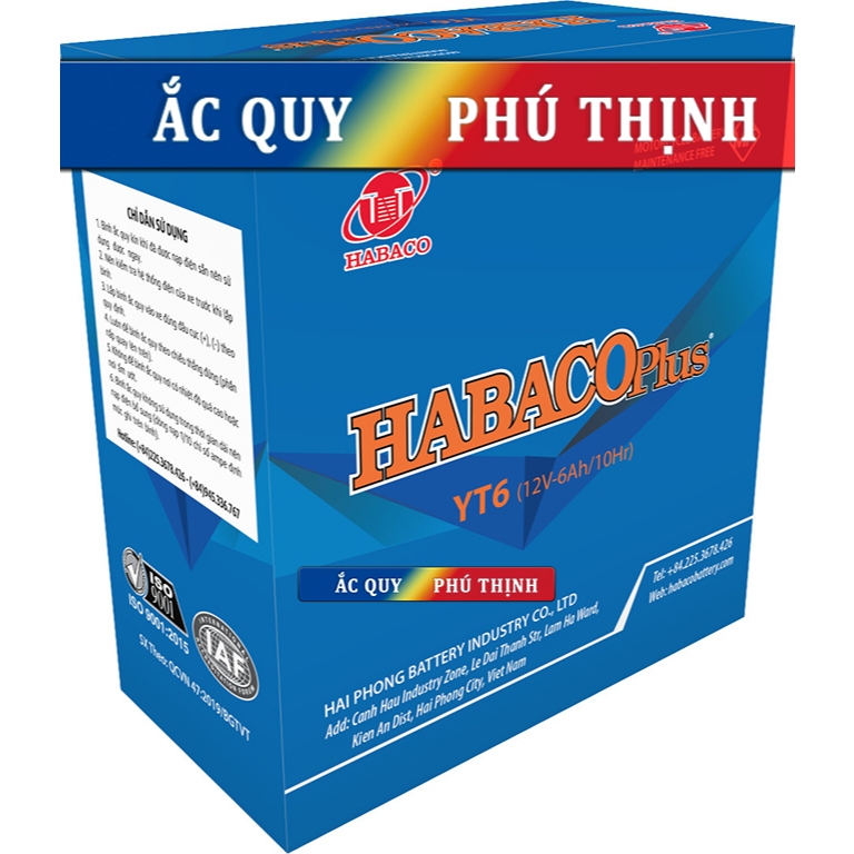 Ắc quy xe máy Habaco 12V – 6Ah YT6A. Dùng cho xe wave alpha, dream, future,...