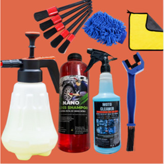 Combo rửa xe tại nhà với đầy đủ phụ kiện (bình bọt tuyết , nước rửa xe,tẩy đa năng,cọ 3D, cọ 5 cây, găng tay , khăn lau)