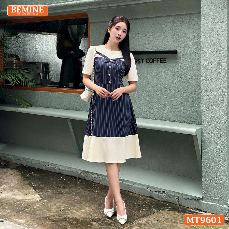 Đầm thiết kế BEMINE cổ tròn dáng chữ A họa tiết sọc phù hợp đi làm, đi dạo phố-MT9601