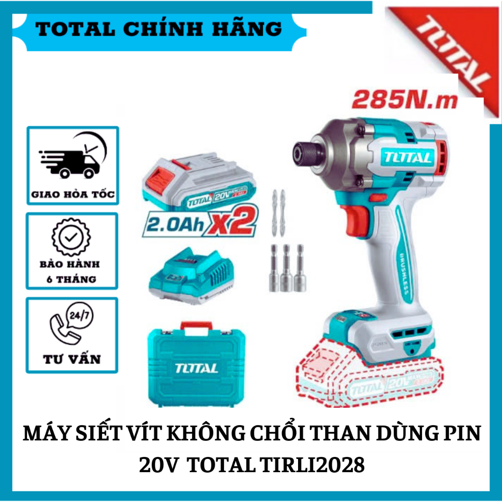 Máy siết vít không chổi than dùng pin 20V TOTAL TIRLI2028 mô-men xoắn cực đại 285Nm hàng chính hãng