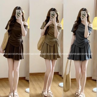 Set Áo Trễ Vai Nữ Kèm Quần Sooc Xòe  Set Bộ Áo Nữ Lệch Vai Dây Rút Chất Thun Tăm