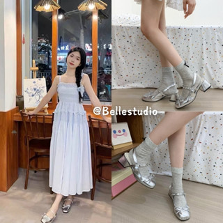  Giày cao gót mũi tròn đính nơ màu bạc đế vuông 5cm giày Mary Jane hở gót tiểu thư sang chảnh SLB1 Bellestudio 