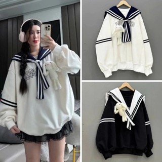 Ái nỉ Sweater thuỷ thủ kèm thỏ bông đính áo dáng rộng nam nữ mặc đôi thời trang hàn quốc