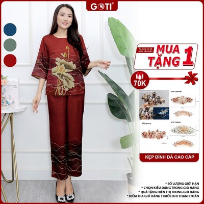 GOTI – Đồ Bộ Trung Niên Tay Lỡ U50 U60 Kiểu Set Bộ In Hoa Sen Lớn Vải Lụa Mềm Mịn Có Size Lớn 3392