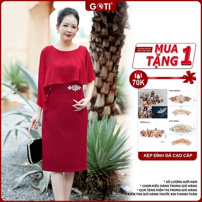GOTI Thời Trang Trung Niên - Đầm Ôm Trung Niên Dự Tiệc Phối Voan Cao Cấp Đính Đá Sang Trọng 3411
