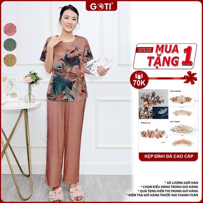 GOTI – Thời Trang Trung Niên Bigsize 45-80kg – Đồ Bộ Lụa In Hoa Tay Ngắn Thanh Lịch Quà U50 U60 3391