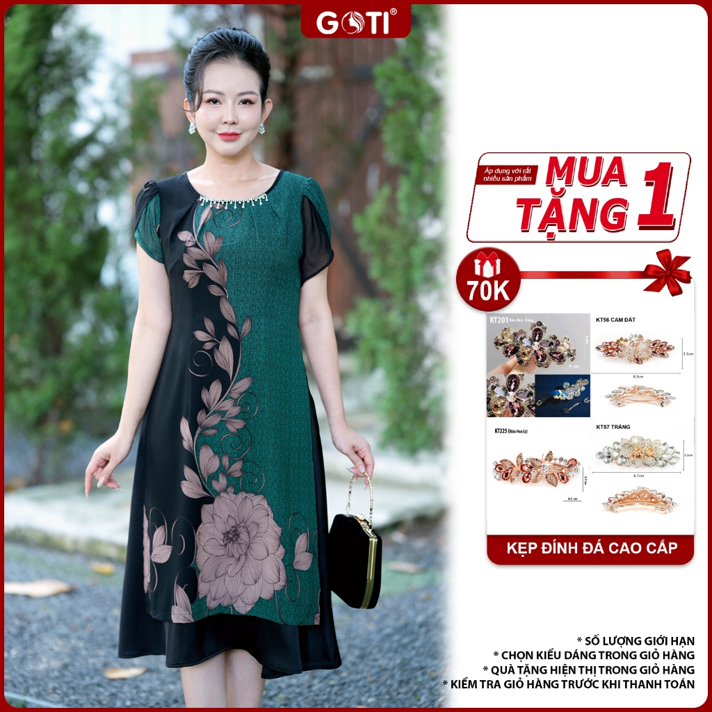 GOTI Đầm Trung Niên Cao Cấp Đầm Voan Dáng Xòe In Họa Tiết Sang Trọng Phù Hợp Đi Tiệc,Đi Chơi 3403