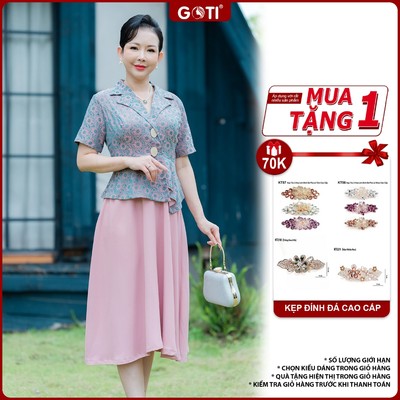 GOTI Đầm Trung NIên - Đầm Gấm Dáng Xoè Thanh Lịch Phối Váy Lụa Mềm Mịn Cao Cấp, Sang Trọng 3404
