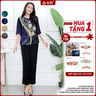 GOTI – Đồ Bộ Lụa Mặc Nhà In Hoa Ly Sang Trọng Quà Dành Tặng Mẹ Trung Niên U50 U60 Có Size Lớn 45-80kg 3396
