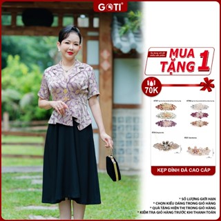  GOTI Đầm Xoè Trung Niên Gấm Hoa Cổ Vest Đắp Chéo Phối Chân Váy Lụa Mềm Mịn Tặng Mẹ 3404 
