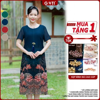 GOTI Đầm Trung Niên Đi Tiệc Cao Cấp Đầm Suông Voan Có Xẻ Tà,Tay Ngắn Hoạ Tiết In Hoa Cao Cấp 3406