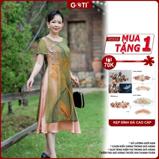 GOTI Đầm Trung Niên Cao Cấp Đầm Voan Dáng Xòe In Họa Tiết Sang Trọng Phù Hợp Đi Tiệc,Đi Chơi 3403