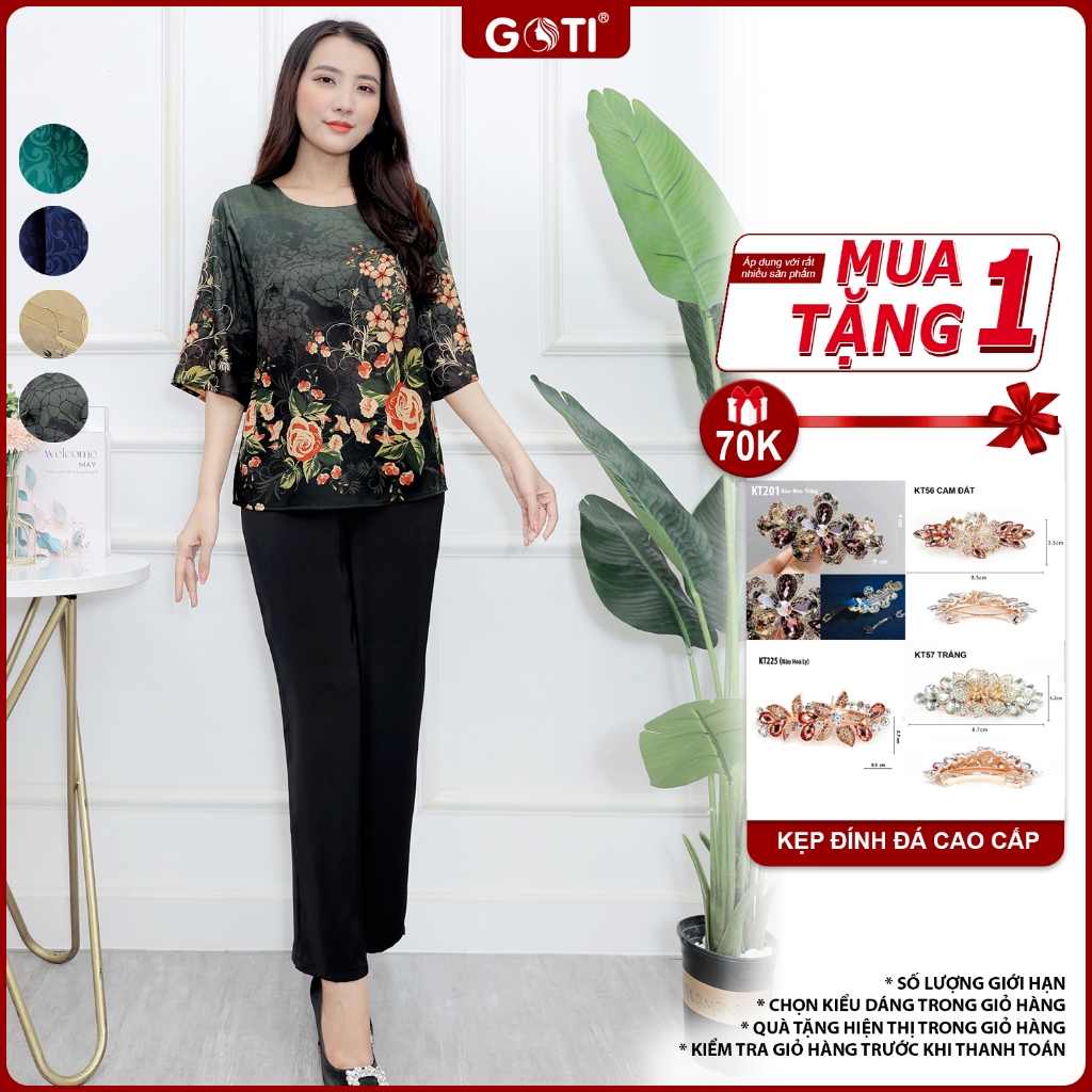 GOTI - Thời Trang Trung Niên Set Bộ Dành Tặng Mẹ Kiểu Đồ Bộ Lụa Cao Cấp In Hoa Hồng Sang Trọng 3397