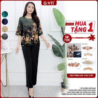 GOTI - Thời Trang Trung Niên Set Bộ Dành Tặng Mẹ Kiểu Đồ Bộ Lụa Cao Cấp In Hoa Hồng Sang Trọng 3397