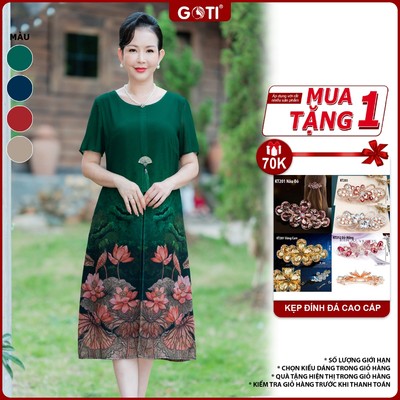 GOTI Đâm Trung Niên Cao Cấp Cho Nữ Đầm Voan Xẻ Tà In Hoạ Tiết Sang Trọng Quà Tặng Mẹ Thanh Lịch 3406