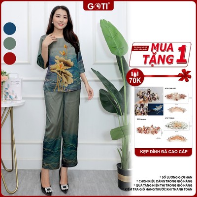 GOTI – Đồ Bộ Lụa Dành Tặng Mẹ Trung Niên In Hoa Sang Trọng Nhiều Màu,Thời Trang Trung Niên Bigsize 45-80kg 3392