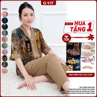 Đồ Bộ Trung Niên GOTI Mặc Nhà Nữ Sang Trọng Chất Gấm Cao Cấp Cổ Chui Tay Lững Có Túi Pijama Lụa Cho Mẹ 3359 3360