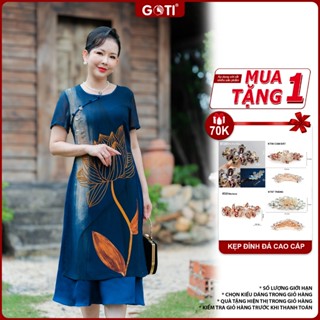 GOTI Đầm Xoè  Trung Niên Cao Cấp In Hoạ Tiết Hoa Sen Sang Trọng Quà Tặng Mẹ Trung Niên Bigsize 3403