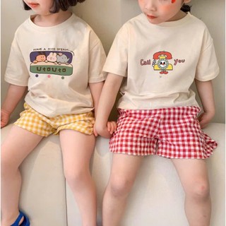  Sét bộ đùi caro cho bé đi học in hình labubu JULYKID sét bộ quần đùi caro áo cotton cho bé trai bé gái từ 10-37kg 