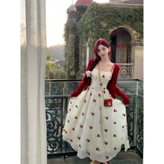 Đầm maxi lụa chỉ cherry mix áo khoác croptop thun tăm  cho nàng đi chơi dự tiệc (có mút ngực+moking lưng) VM047