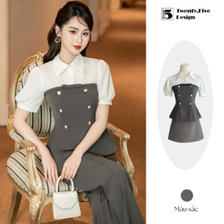 Set áo thanh lịch cho nữ phối màu sang trọng đính đá trái tim và quần dài ống suông Twenty.FIve (AT01+QT02) (Tách lẻ)