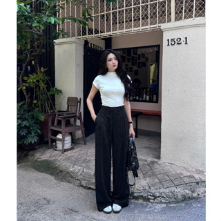 Quần Cotton sọc nữ ống suông HHVINTAGE kiểu lưng cao ống rộng móc ngang chất Cotton Hàn co giãn A20