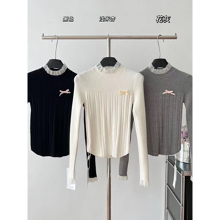 Áo len pha lông phối cổ ren tiểu thư cài nơ