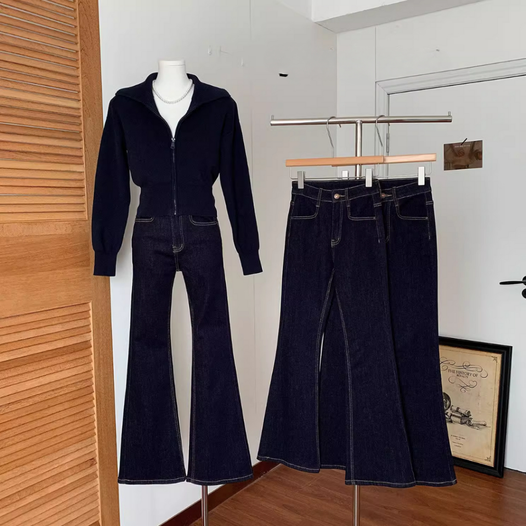 Diệp Băng Băng - quần jean ống loe cho nữ mùa thu đông, quần cạp cao ống loe dáng ôm style vintage 63