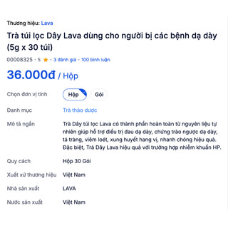Trà túi lọc Dây Lava dùng cho người bị các bệnh dạ dày (5g x 30 túi)